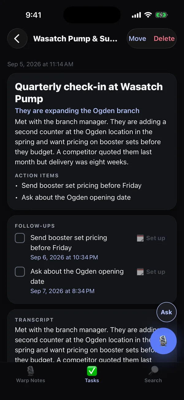 A finished note titled "Quarterly check-in at Wasatch Pump", with action items, follow-ups and the full transcript beneath it.