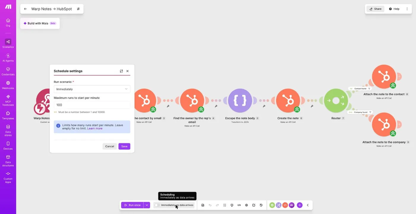 Make's Schedule settings dialog with Run scenario set to Immediately
