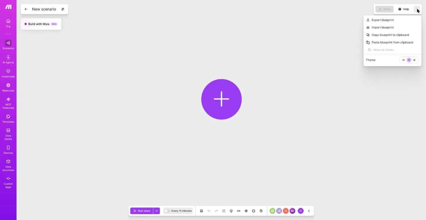 The empty scenario with the three-dot menu open, showing Import blueprint