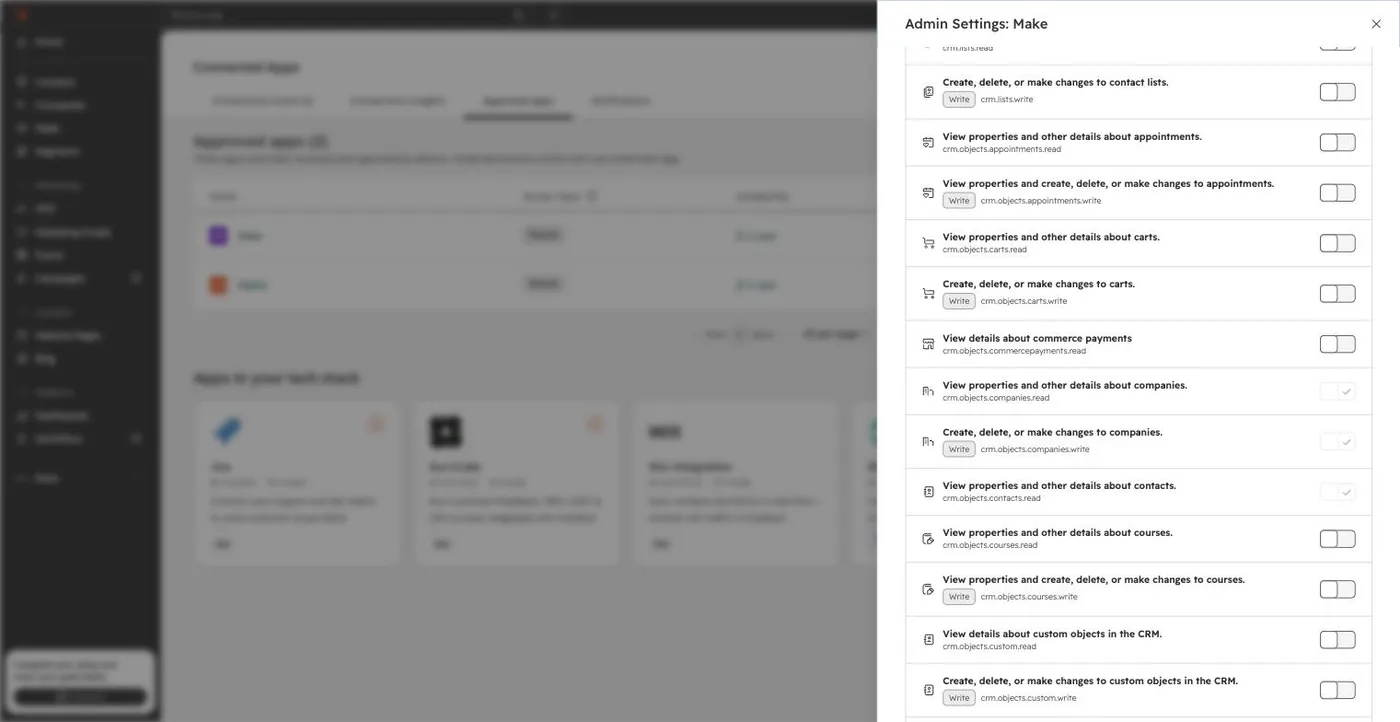 HubSpot's Data Permissions panel for Make with the companies and contacts permissions switched on