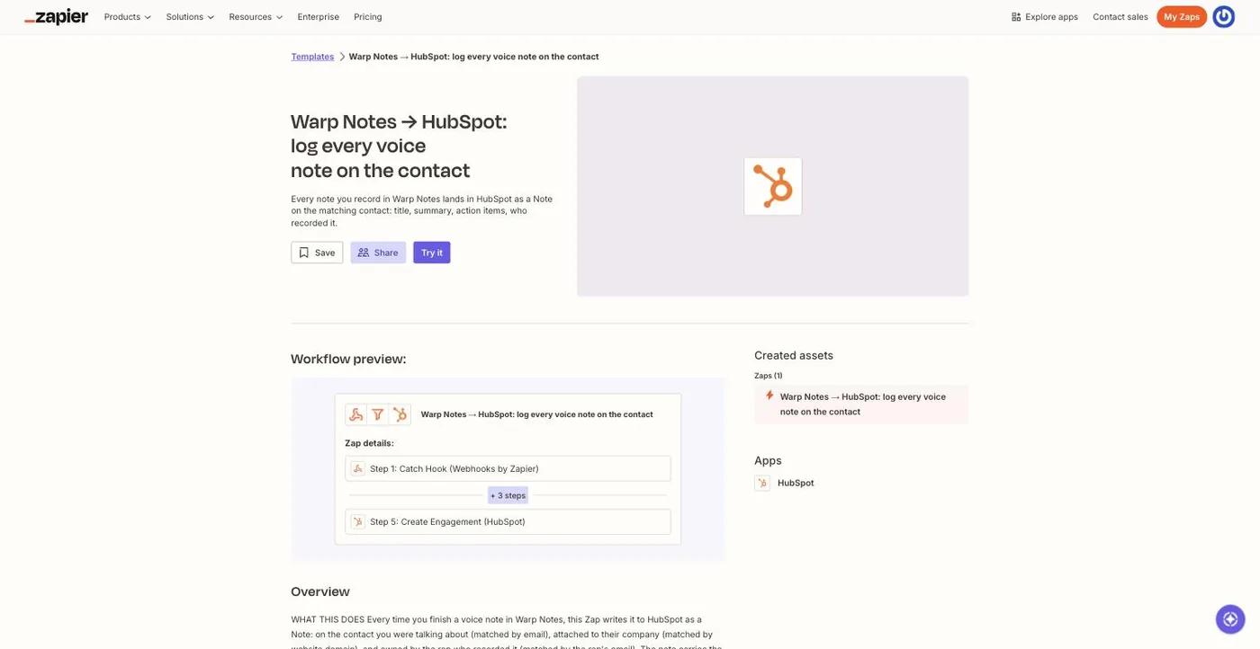 The Zapier template page for Warp Notes to HubSpot, with the Try it button and a preview of the five steps
