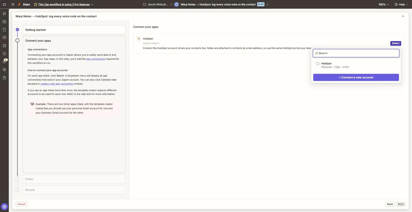 The account picker open, showing an existing HubSpot account and a Connect a new account button