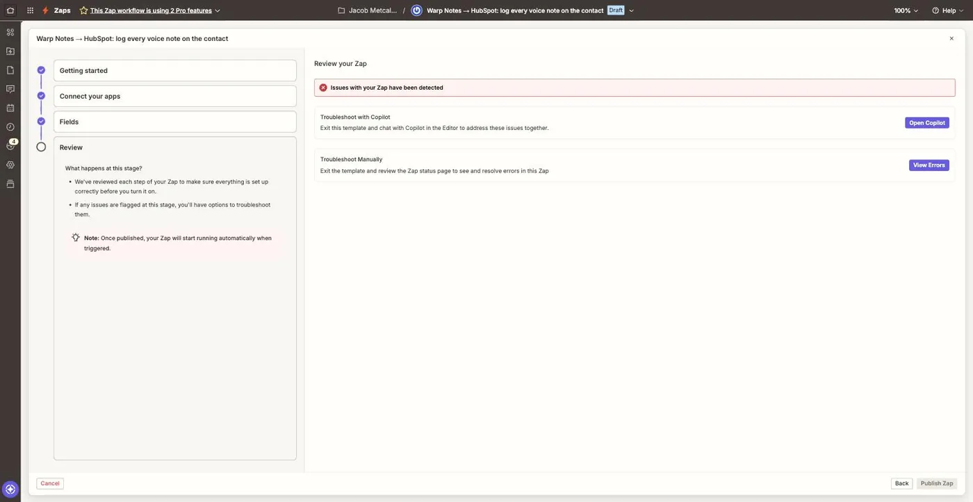 The Review screen showing Issues with your Zap have been detected, with View Errors and Publish Zap buttons