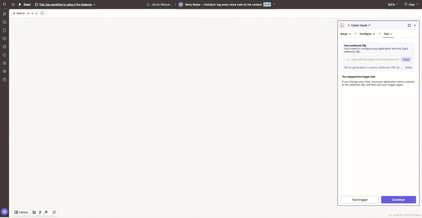 Step 1 Catch Hook with the Test tab open, showing Your webhook URL and a Copy button